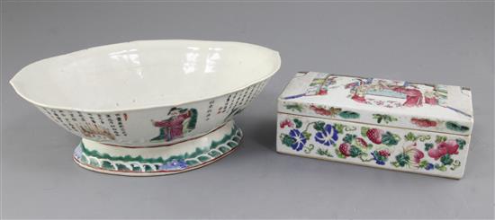 A Chinese famille rose shaped oval dish and a rectangular pen box and cover, mid 19th century, 18.5cm